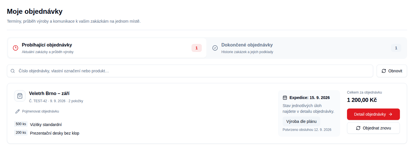 Přehled probíhající objednávky s termínem expedice a stavem výroby